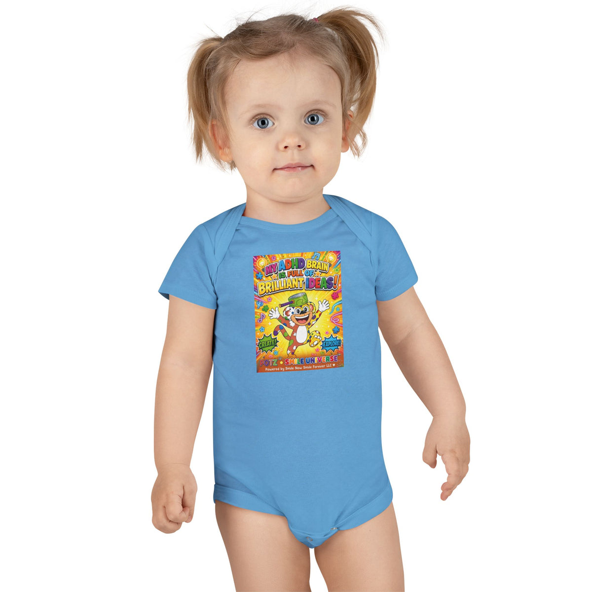 Potz™ Baby Short Sleeve Onesie® – "My ADHD Brain is Full of Brilliant Ideas!" Graphic Bodysuit | Smile Universe Collection