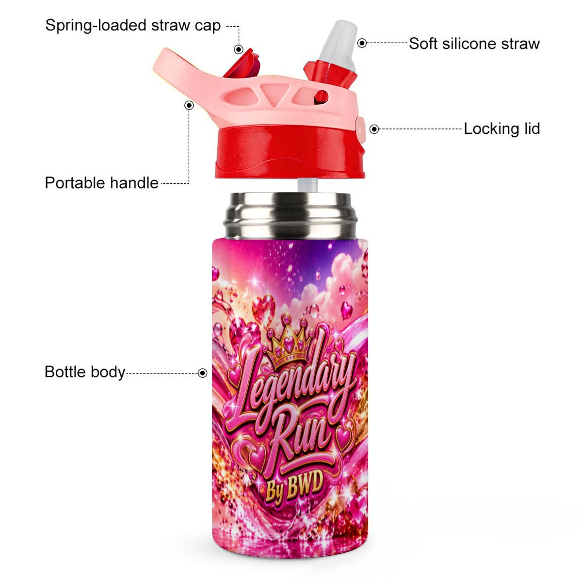 Legendary Run Water Bottle - Pink Heart Edition