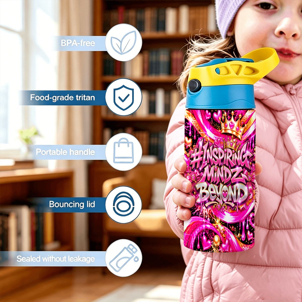 BWD Pink Water Bottle – Inspiring Mindz Beyond Hearts & Crowns Graphic Bottle