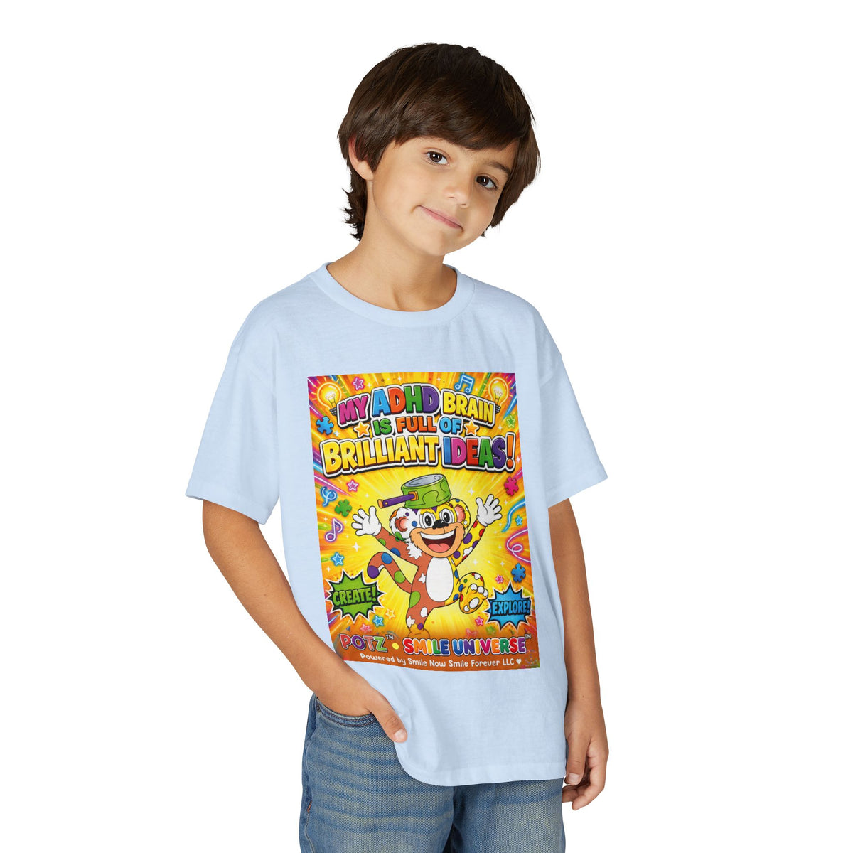 Potz™ Youth DryBlend® T-Shirt – "My ADHD Brain is Full of Brilliant Ideas!" Graphic Tee | Smile Universe Collection