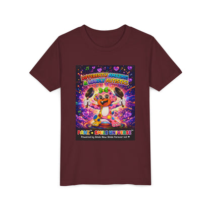Panz™ Youth Short Sleeve Tee – "Differently Amazing & Loudly Autistic!" Graphic | Smile Universe Collection