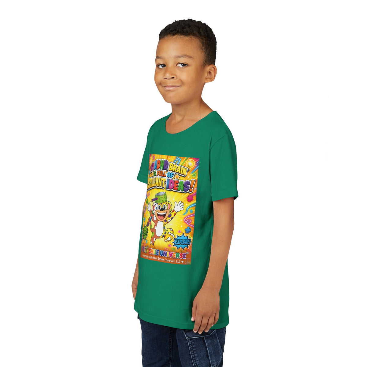 Potz™ Youth Short Sleeve Tee – "My ADHD Brain is Full of Brilliant Ideas!" Graphic Tee | Smile Universe Collection
