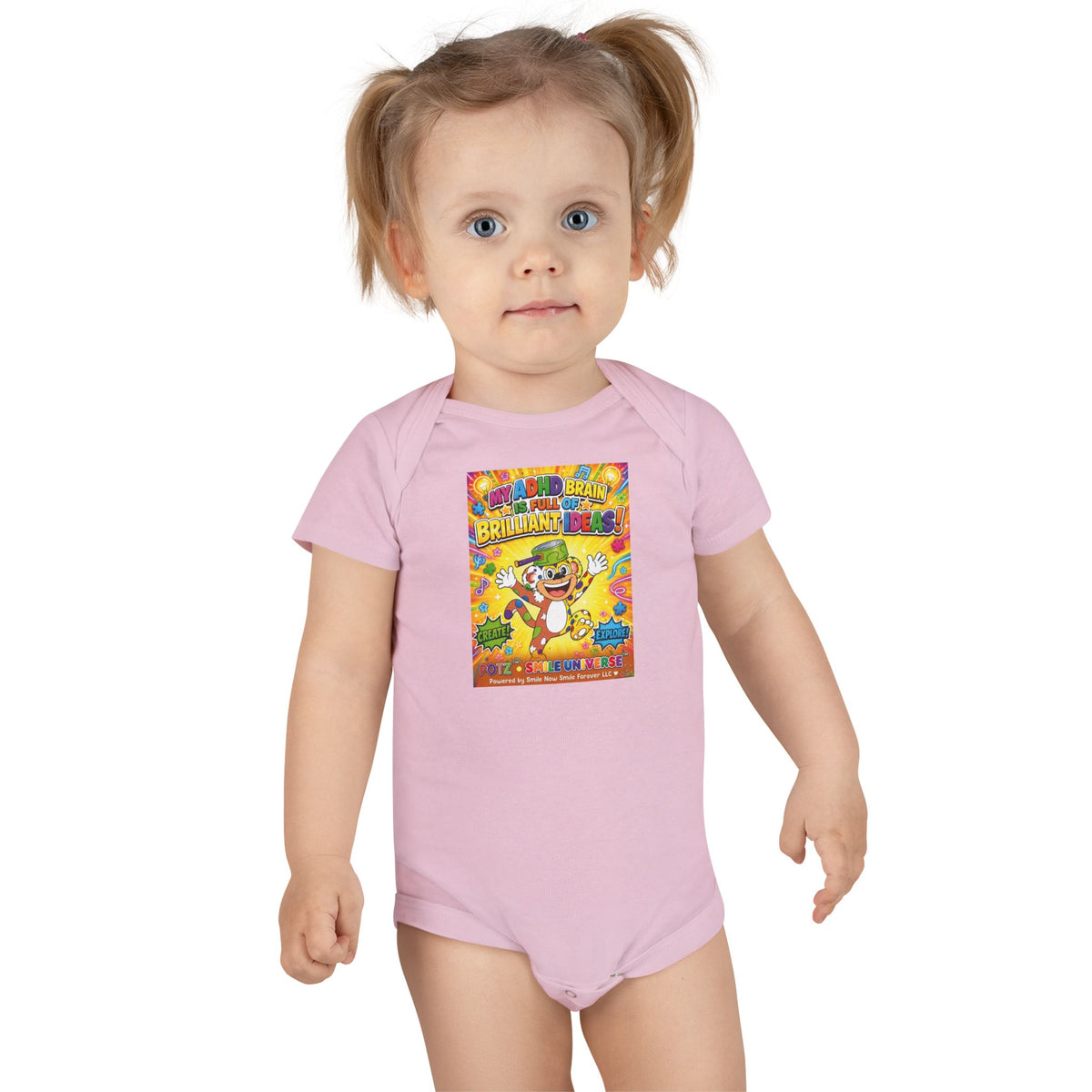 Potz™ Baby Short Sleeve Onesie® – "My ADHD Brain is Full of Brilliant Ideas!" Graphic Bodysuit | Smile Universe Collection