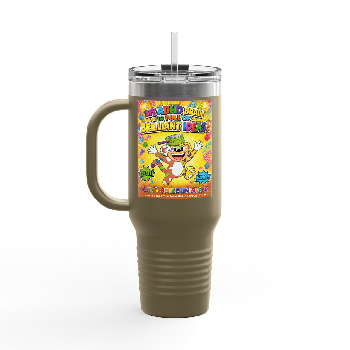 Potz™ Insulated Travel Mug 40oz – "My ADHD Brain is Full of Brilliant Ideas!" Graphic Tumbler | Smile Universe Collection