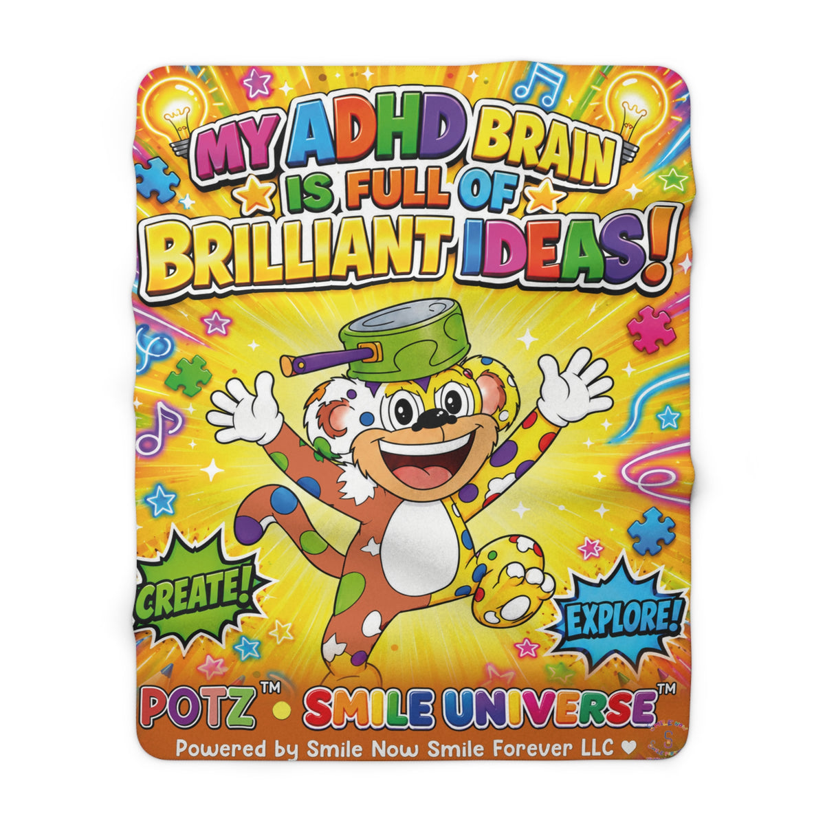 Potz™ Sherpa Fleece Blanket – "My ADHD Brain is Full of Brilliant Ideas!" Graphic Throw | Smile Universe Collection