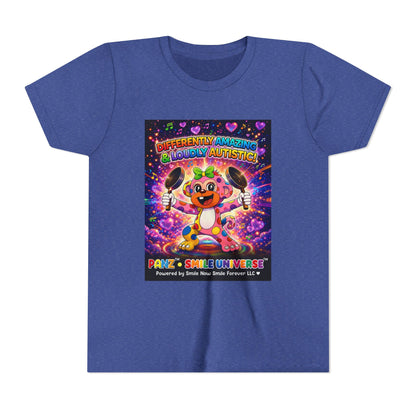 Panz™ Youth Short Sleeve Tee – "Differently Amazing & Loudly Autistic!" Graphic | Smile Universe Collection