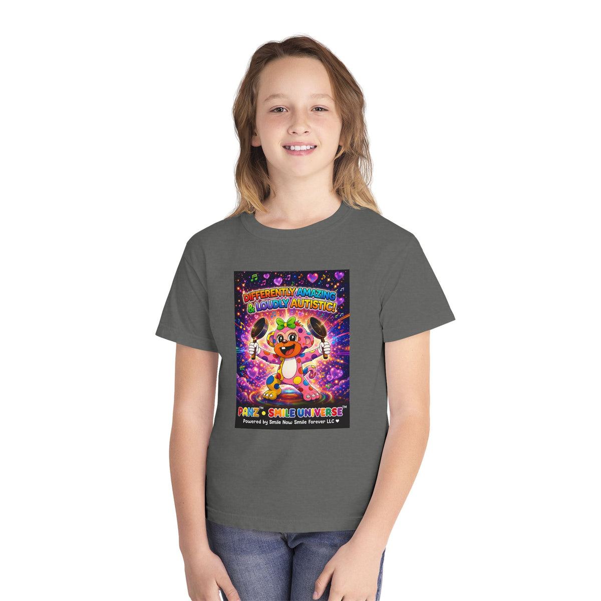 Panz™ Youth Midweight Tee – "Differently Amazing & Loudly Autistic!" Graphic | Smile Universe Collection