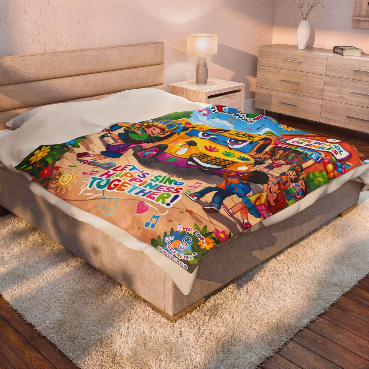 Lani the Happy Bus Kids Velveteen Blanket — "Let's Sing Happiness Together" Cozy Throw