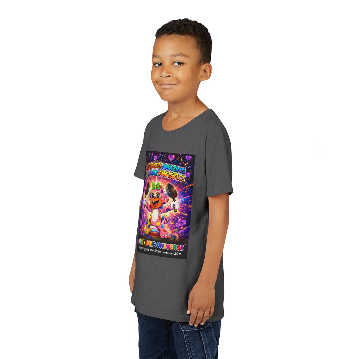 Panz™ Youth Short Sleeve Tee – "Differently Amazing & Loudly Autistic!" Graphic | Smile Universe Collection