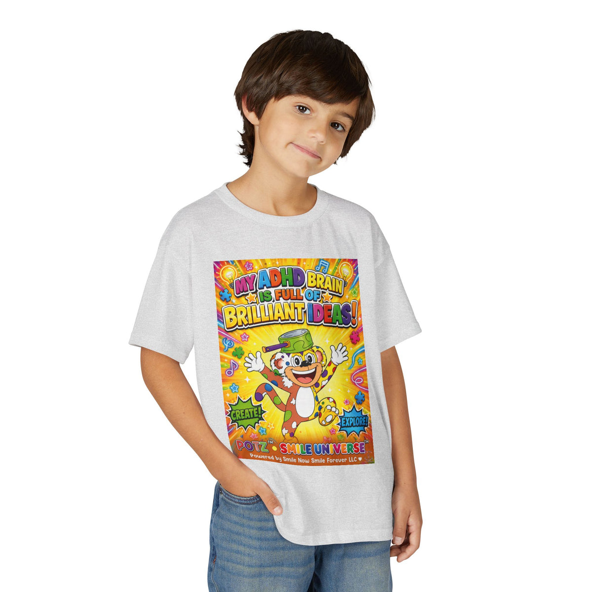 Potz™ Youth DryBlend® T-Shirt – "My ADHD Brain is Full of Brilliant Ideas!" Graphic Tee | Smile Universe Collection