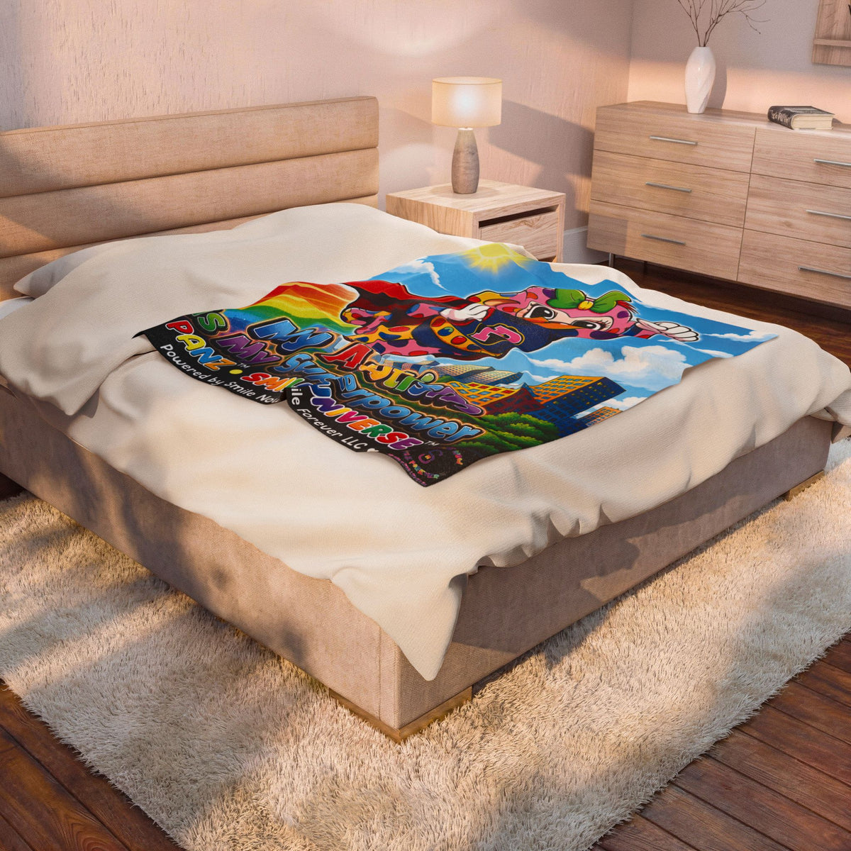 Panz™ Velveteen Plush Blanket – "My Autism is My Superpower" Graphic | Smile Universe Collection
