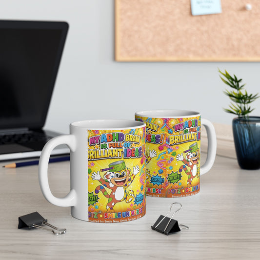 Potz™ Ceramic Mug – "My ADHD Brain is Full of Brilliant Ideas!" Graphic Coffee Mug | Smile Universe Collection