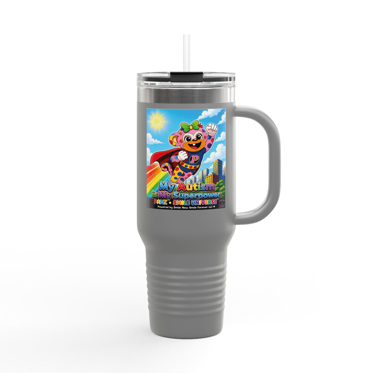 Panz™ 40oz Insulated Travel Mug – "My Autism is My Superpower" Graphic | Smile Universe Collection
