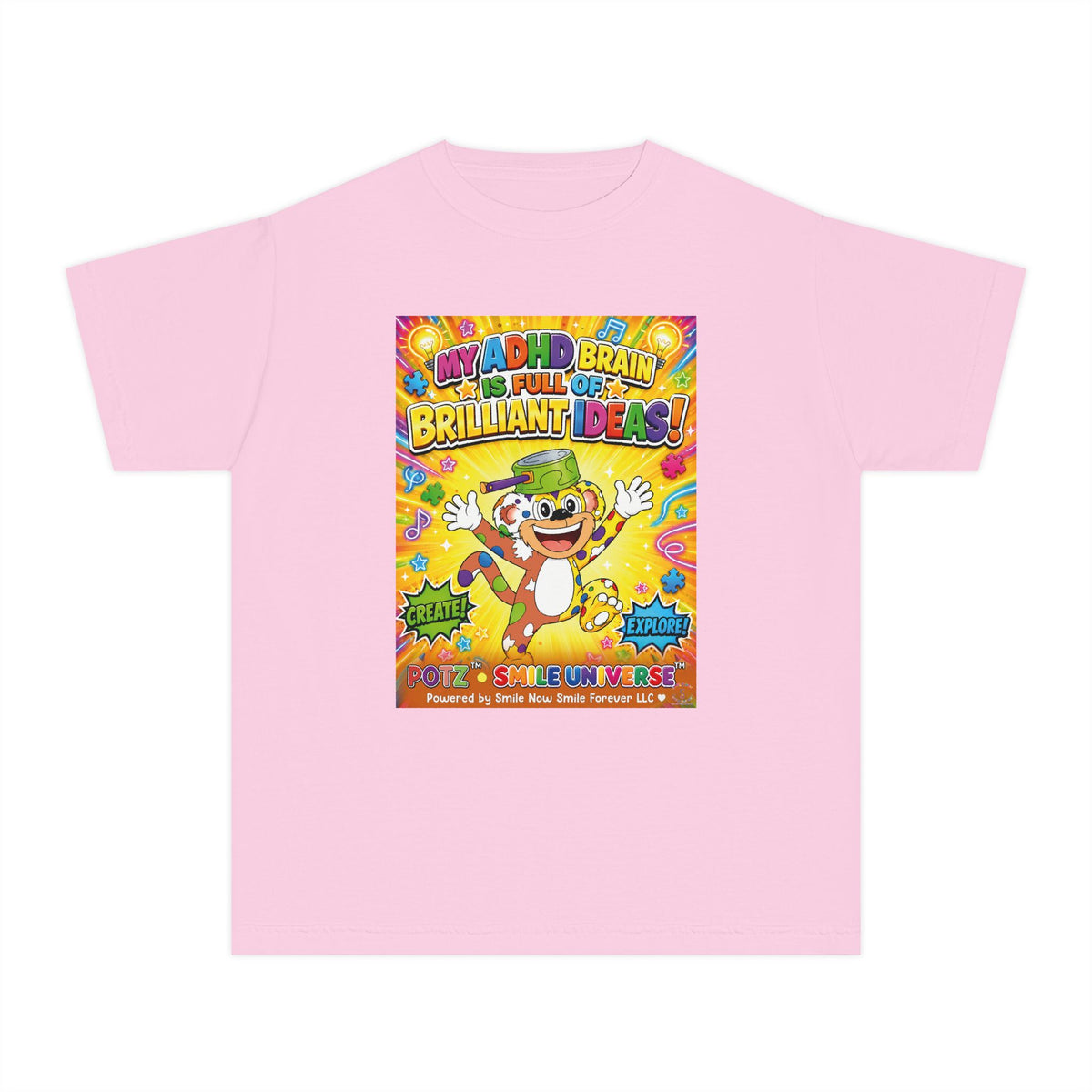 Potz™ Youth Midweight Tee – "My ADHD Brain is Full of Brilliant Ideas!" Graphic Tee | Smile Universe Collection