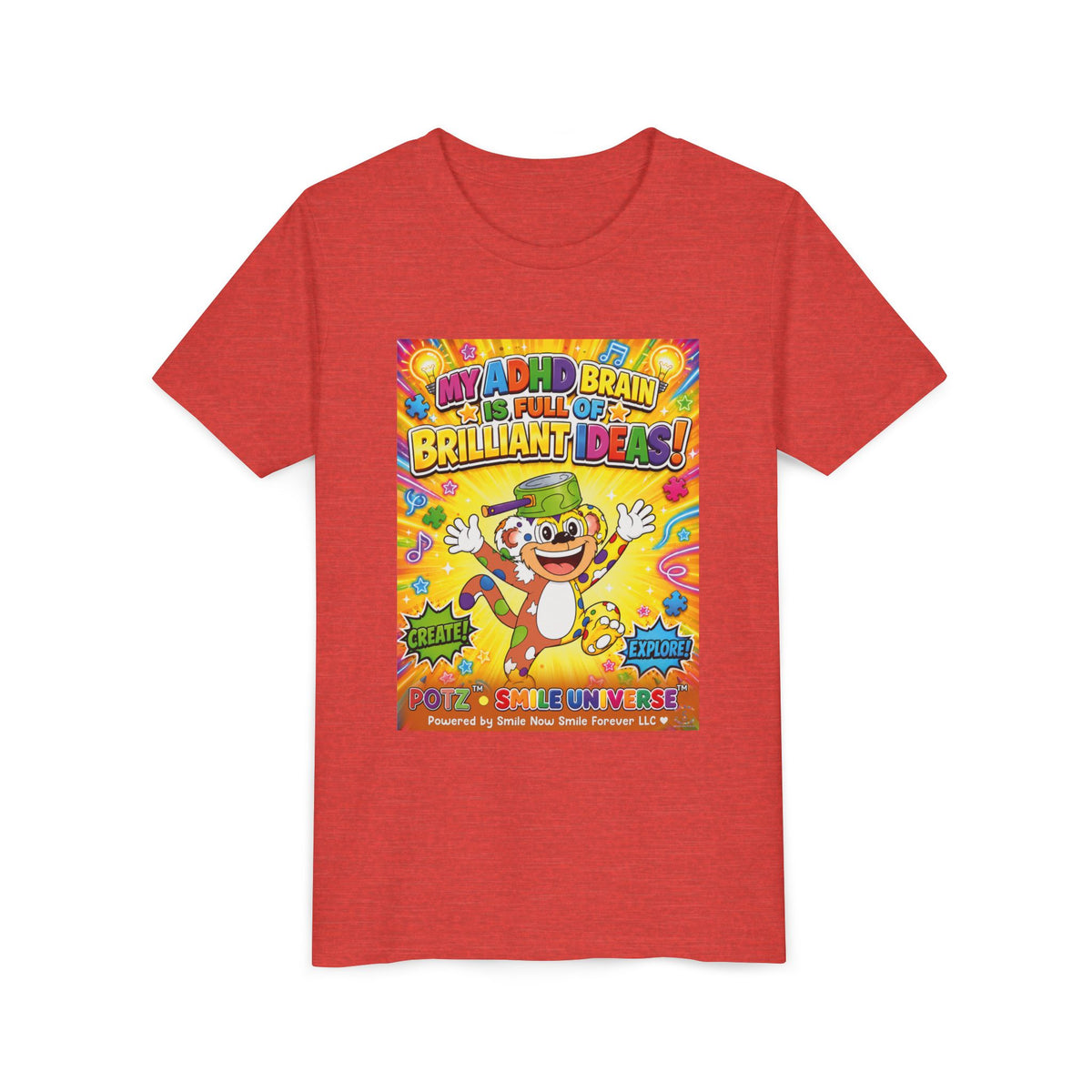 Potz™ Youth Short Sleeve Tee – "My ADHD Brain is Full of Brilliant Ideas!" Graphic Tee | Smile Universe Collection