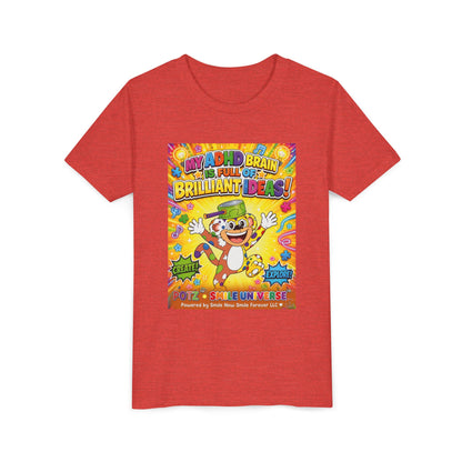 Potz™ Youth Short Sleeve Tee – "My ADHD Brain is Full of Brilliant Ideas!" Graphic Tee | Smile Universe Collection
