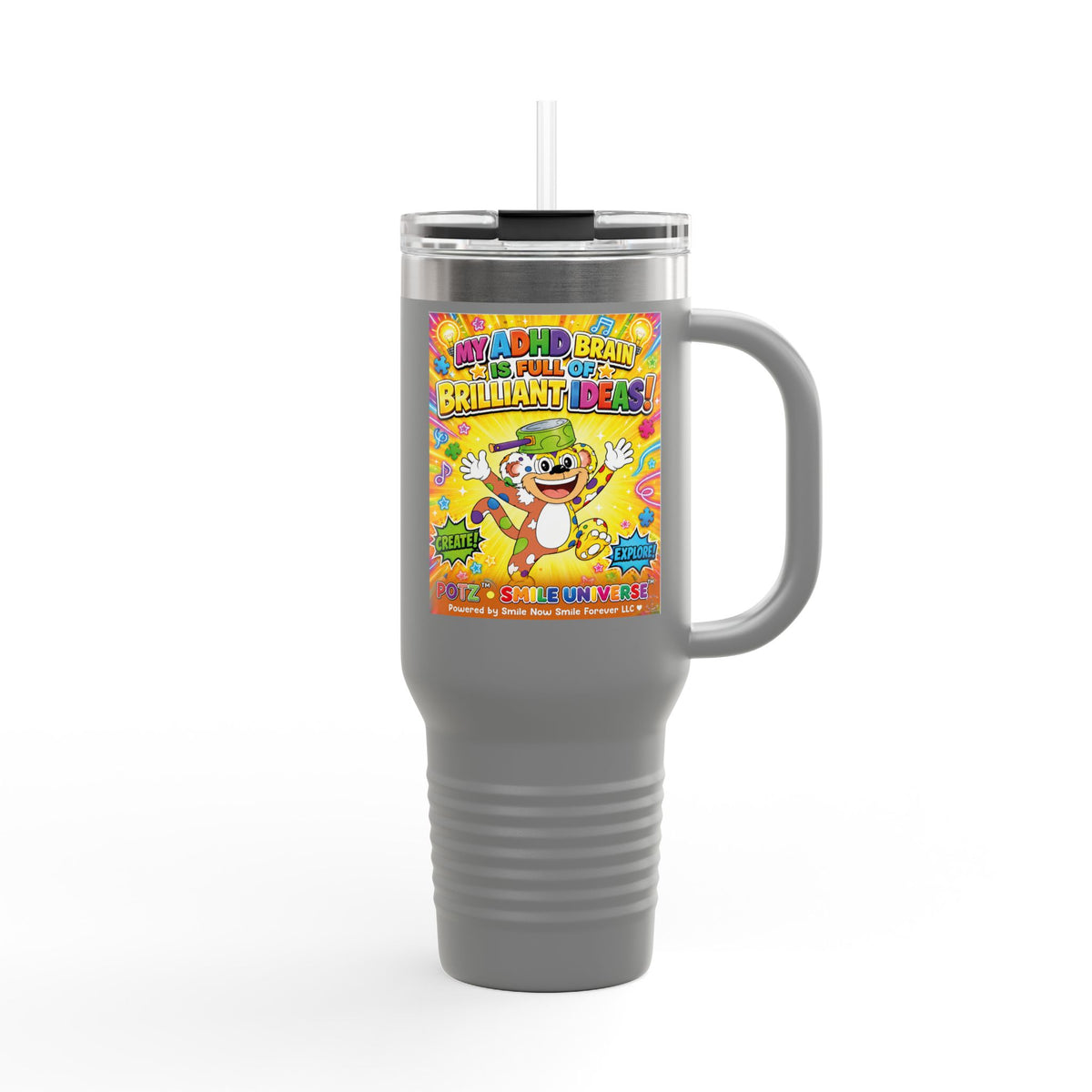 Potz™ Insulated Travel Mug 40oz – "My ADHD Brain is Full of Brilliant Ideas!" Graphic Tumbler | Smile Universe Collection