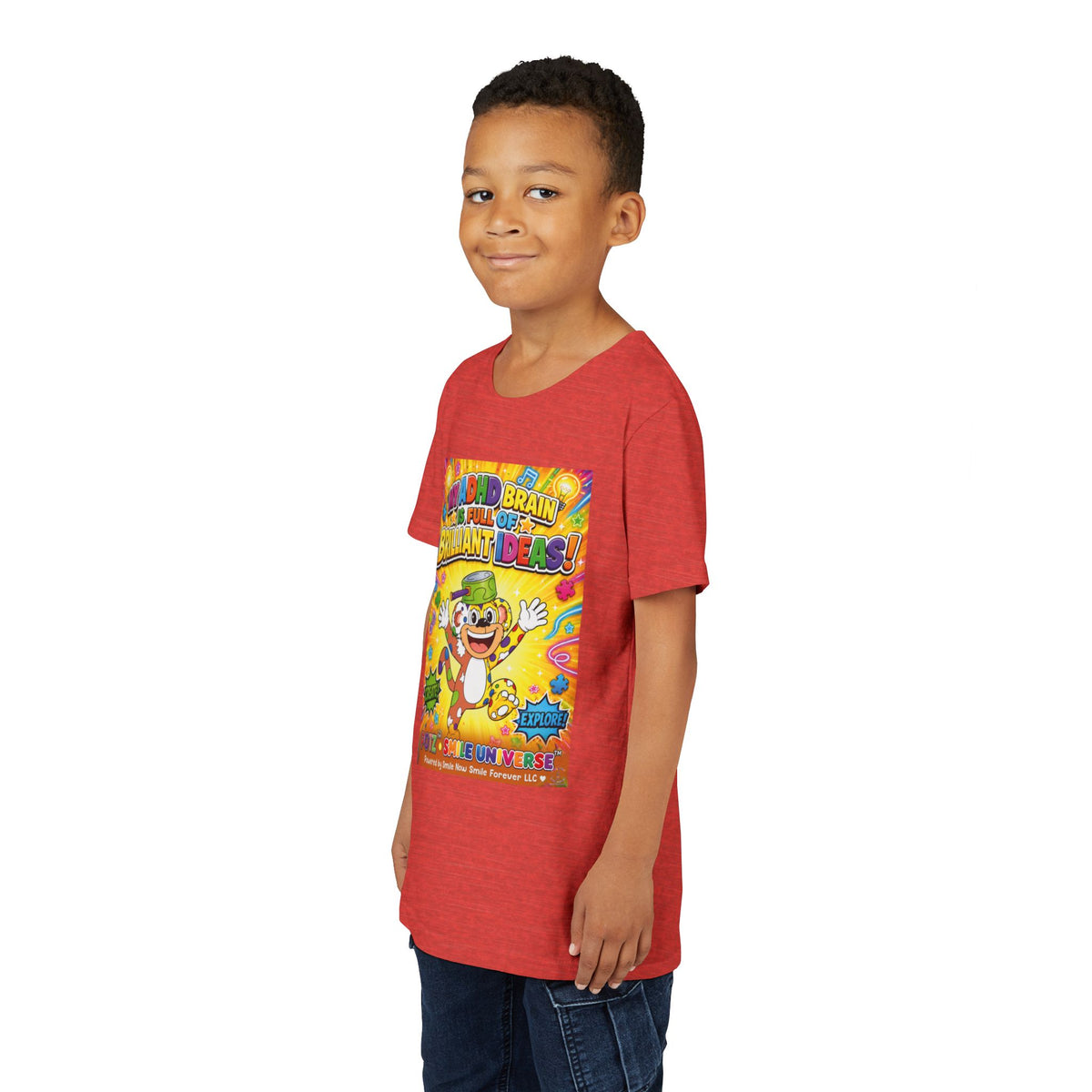 Potz™ Youth Short Sleeve Tee – "My ADHD Brain is Full of Brilliant Ideas!" Graphic Tee | Smile Universe Collection