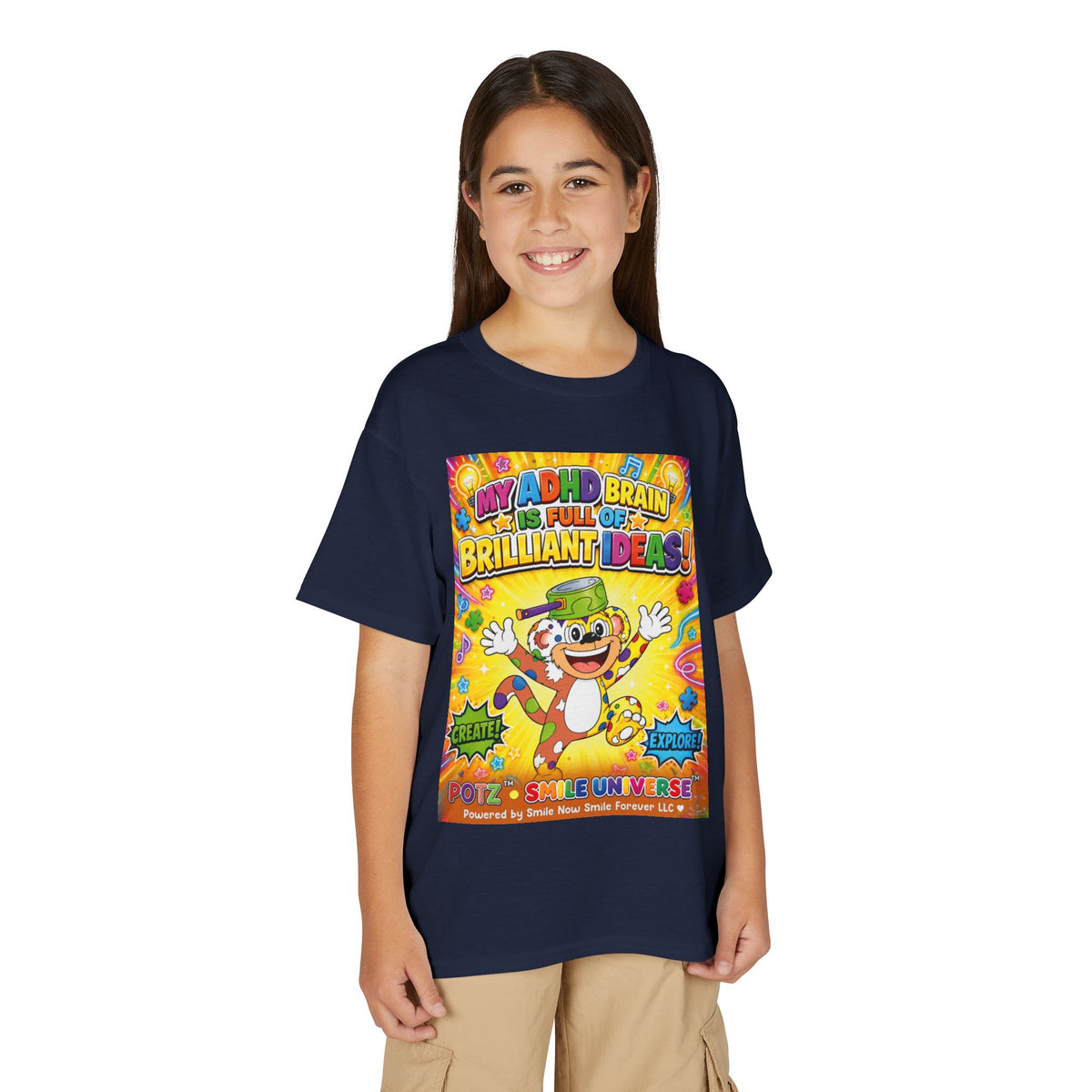 Potz™ Youth DryBlend® T-Shirt – "My ADHD Brain is Full of Brilliant Ideas!" Graphic Tee | Smile Universe Collection