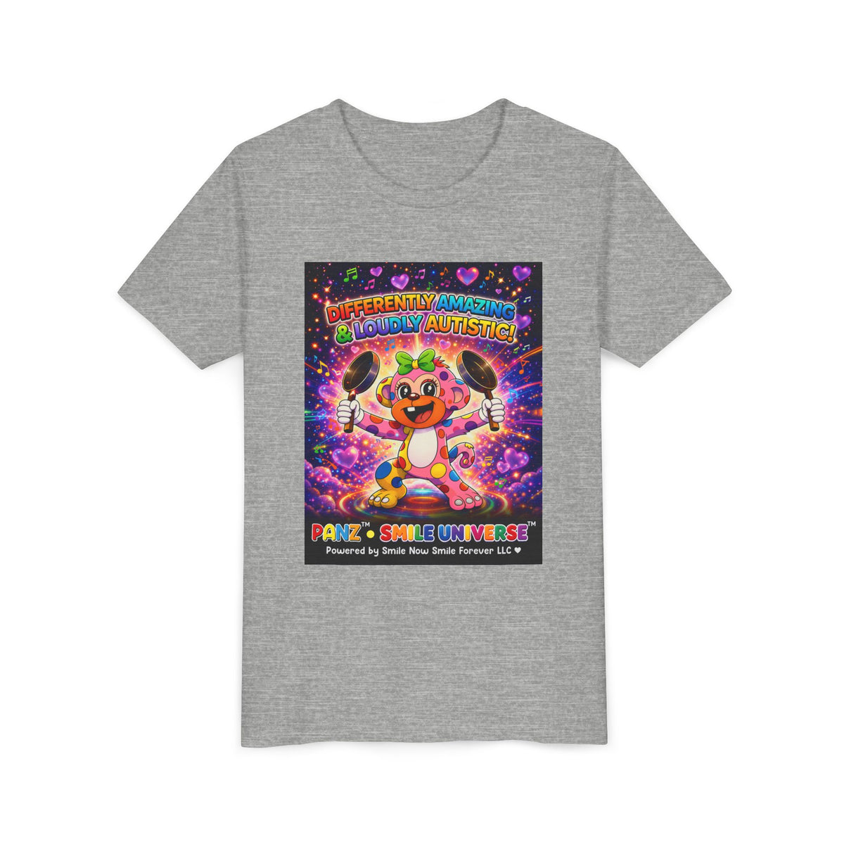 Panz™ Youth Short Sleeve Tee – "Differently Amazing & Loudly Autistic!" Graphic | Smile Universe Collection