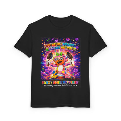 Panz™ Youth DryBlend® T-Shirt – "Differently Amazing & Loudly Autistic!" Graphic | Smile Universe Collection
