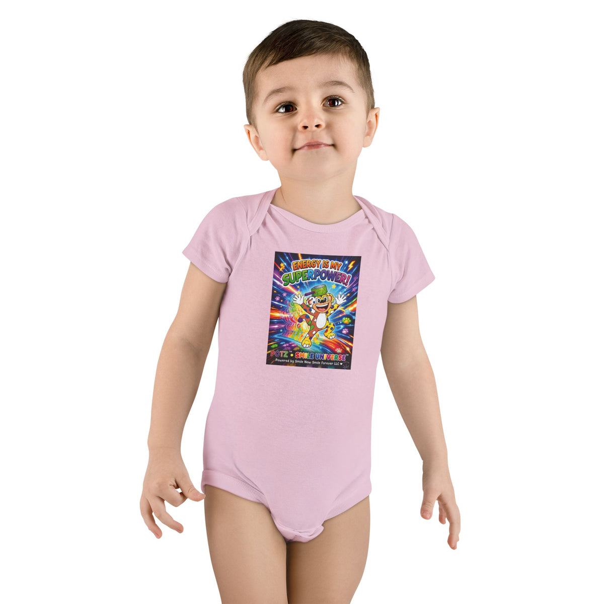 Potz™ Baby Short Sleeve Onesie® – "Energy is My Superpower!" Graphic Bodysuit | Smile Universe Collection