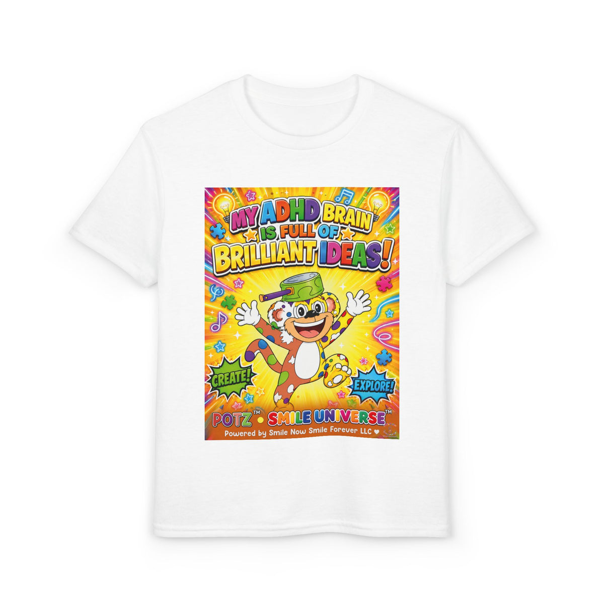 Potz™ Youth DryBlend® T-Shirt – "My ADHD Brain is Full of Brilliant Ideas!" Graphic Tee | Smile Universe Collection