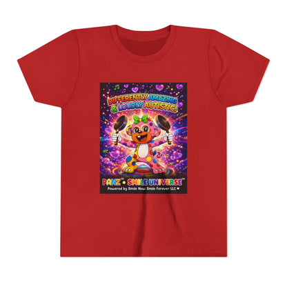 Panz™ Youth Short Sleeve Tee – "Differently Amazing & Loudly Autistic!" Graphic | Smile Universe Collection