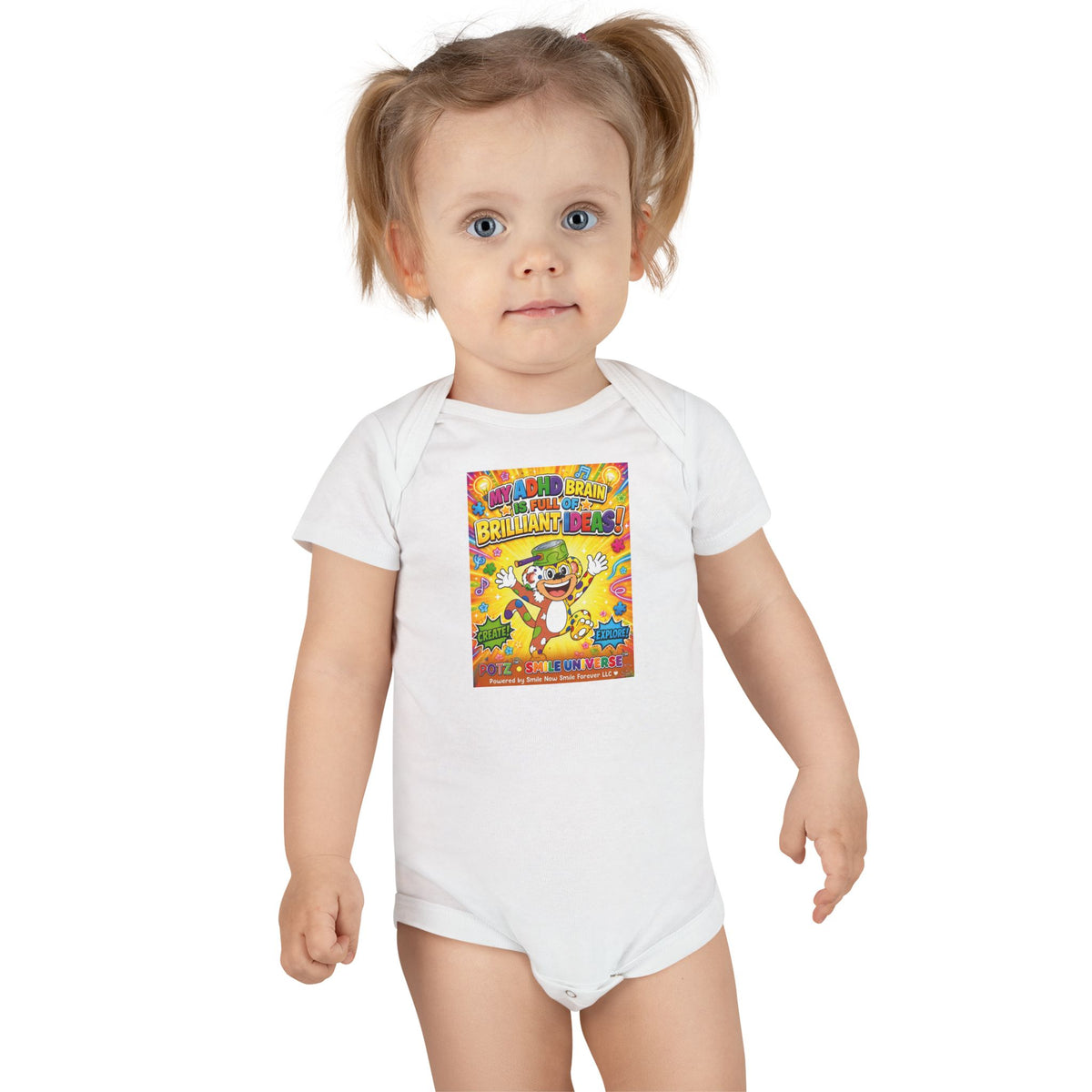 Potz™ Baby Short Sleeve Onesie® – "My ADHD Brain is Full of Brilliant Ideas!" Graphic Bodysuit | Smile Universe Collection