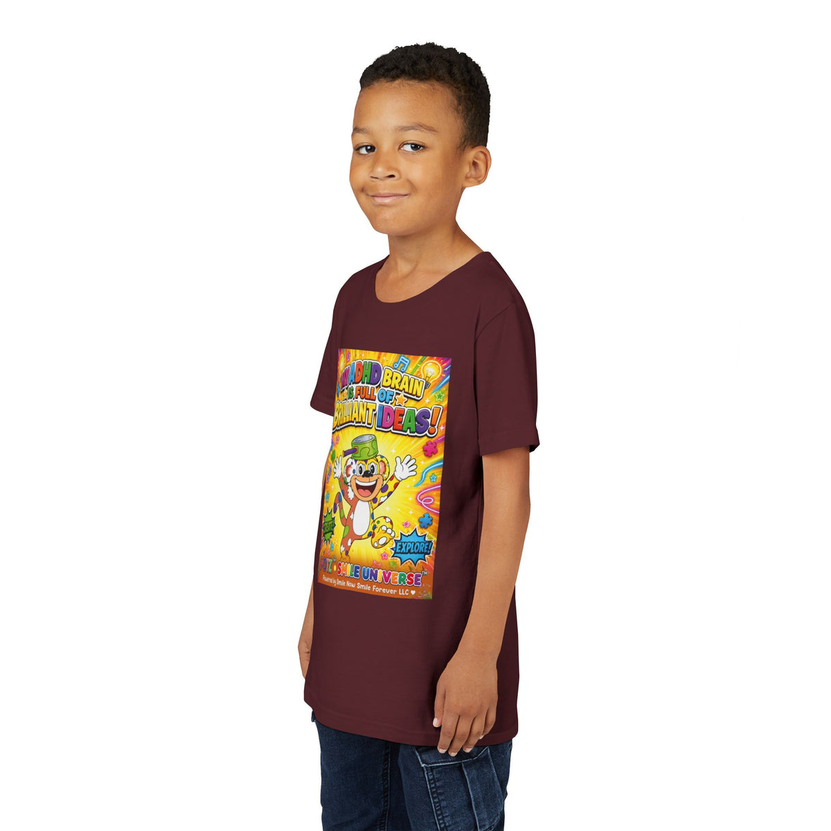 Potz™ Youth Short Sleeve Tee – "My ADHD Brain is Full of Brilliant Ideas!" Graphic Tee | Smile Universe Collection