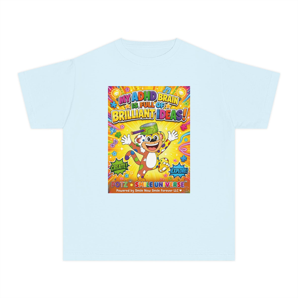 Potz™ Youth Midweight Tee – "My ADHD Brain is Full of Brilliant Ideas!" Graphic Tee | Smile Universe Collection