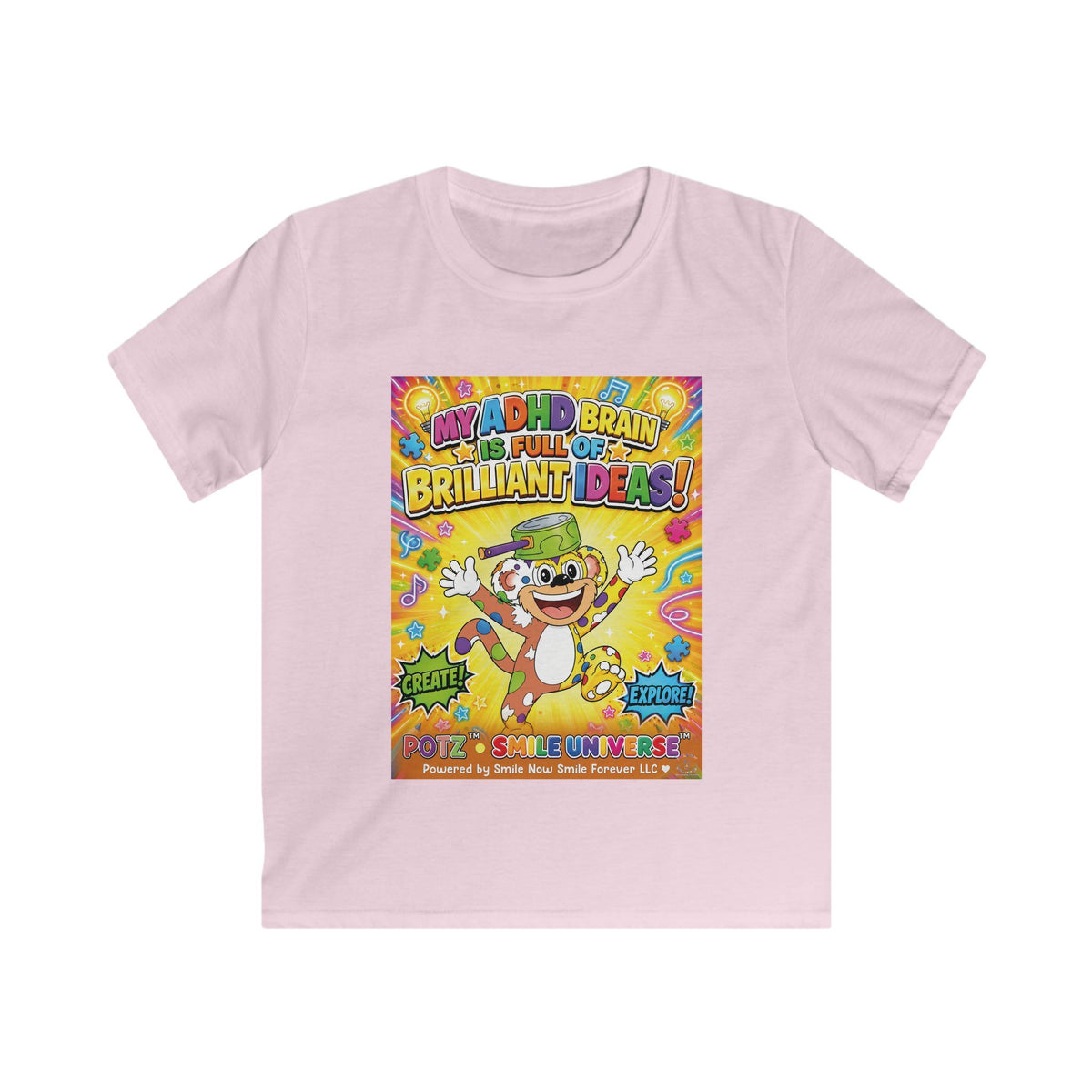 Potz™ Kids Softstyle Tee – "My ADHD Brain is Full of Brilliant Ideas!" Graphic Tee | Smile Universe Collection