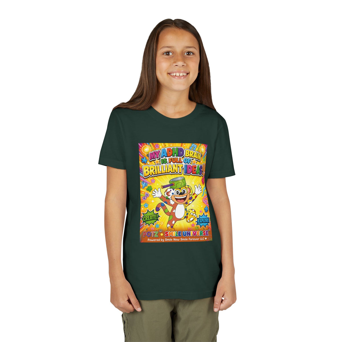 Potz™ Youth Short Sleeve Tee – "My ADHD Brain is Full of Brilliant Ideas!" Graphic Tee | Smile Universe Collection