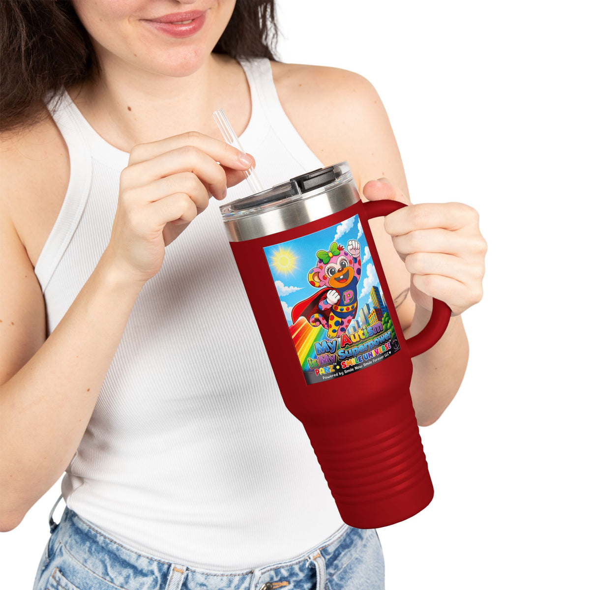 Panz™ 40oz Insulated Travel Mug – "My Autism is My Superpower" Graphic | Smile Universe Collection