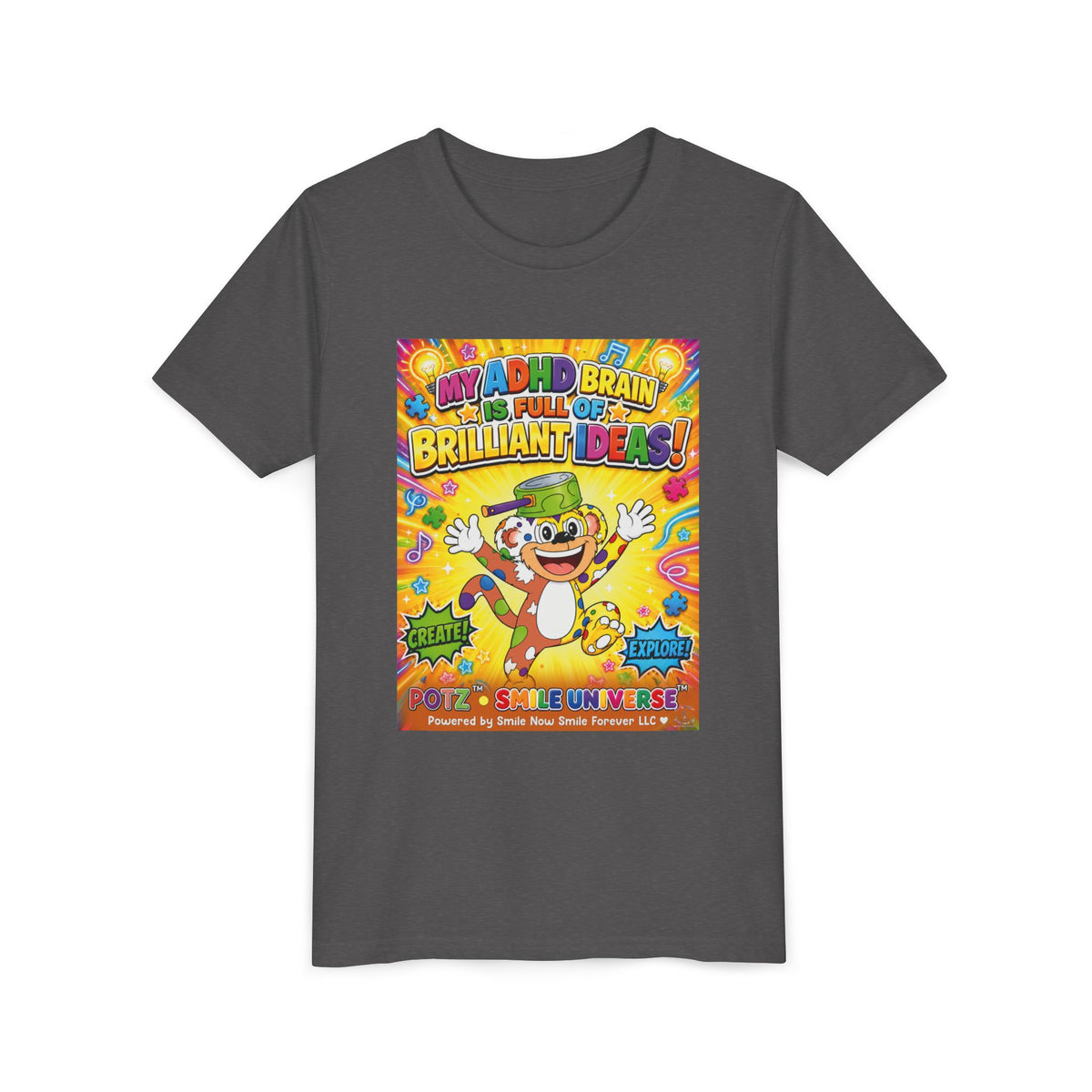 Potz™ Youth Short Sleeve Tee – "My ADHD Brain is Full of Brilliant Ideas!" Graphic Tee | Smile Universe Collection