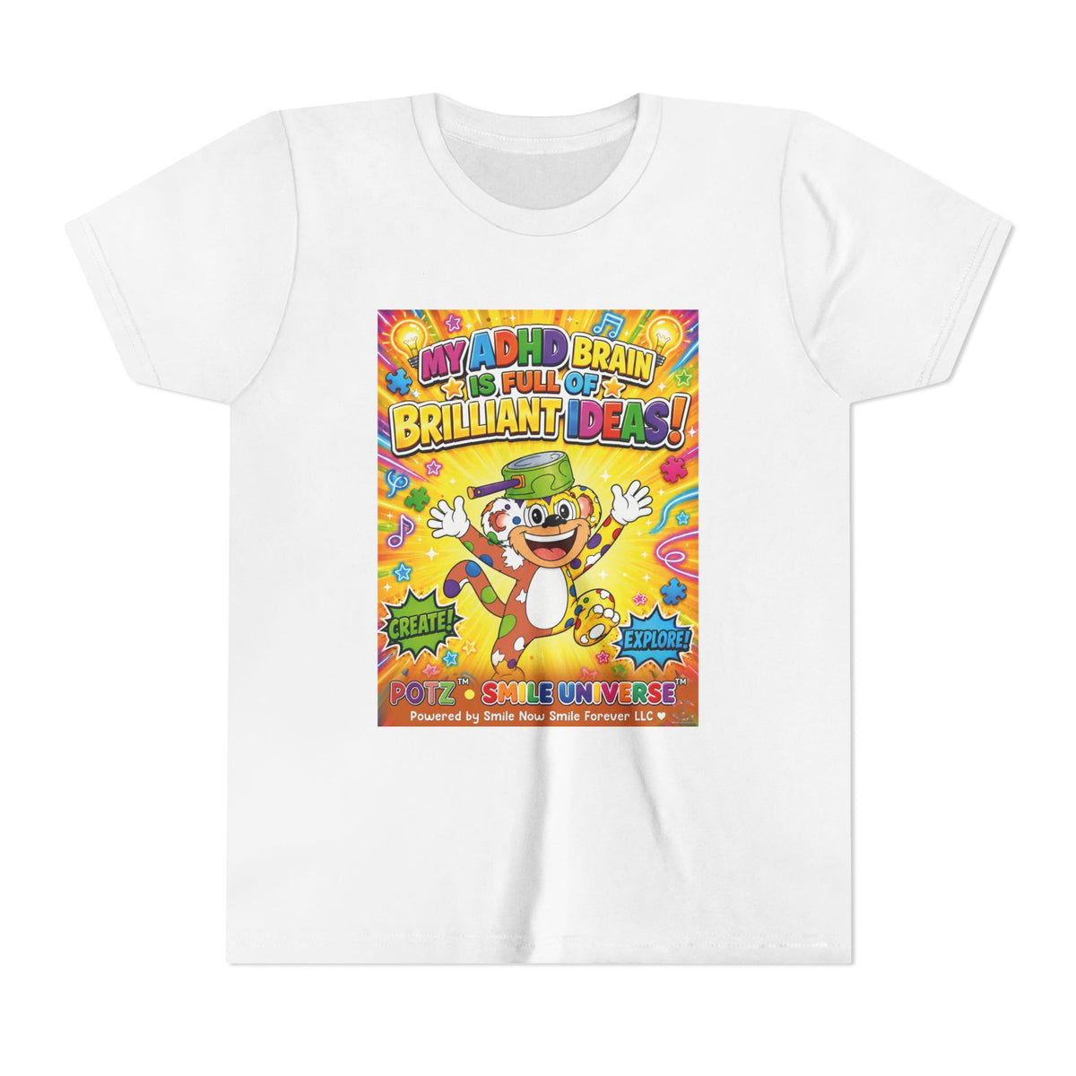 Potz™ Youth Short Sleeve Tee – "My ADHD Brain is Full of Brilliant Ideas!" Graphic Tee | Smile Universe Collection