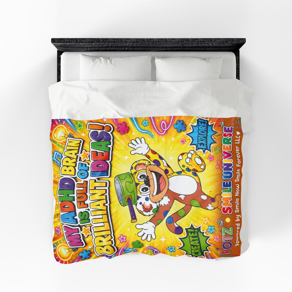 Potz™ Velveteen Plush Blanket – "My ADHD Brain is Full of Brilliant Ideas!" Graphic Throw | Smile Universe Collection