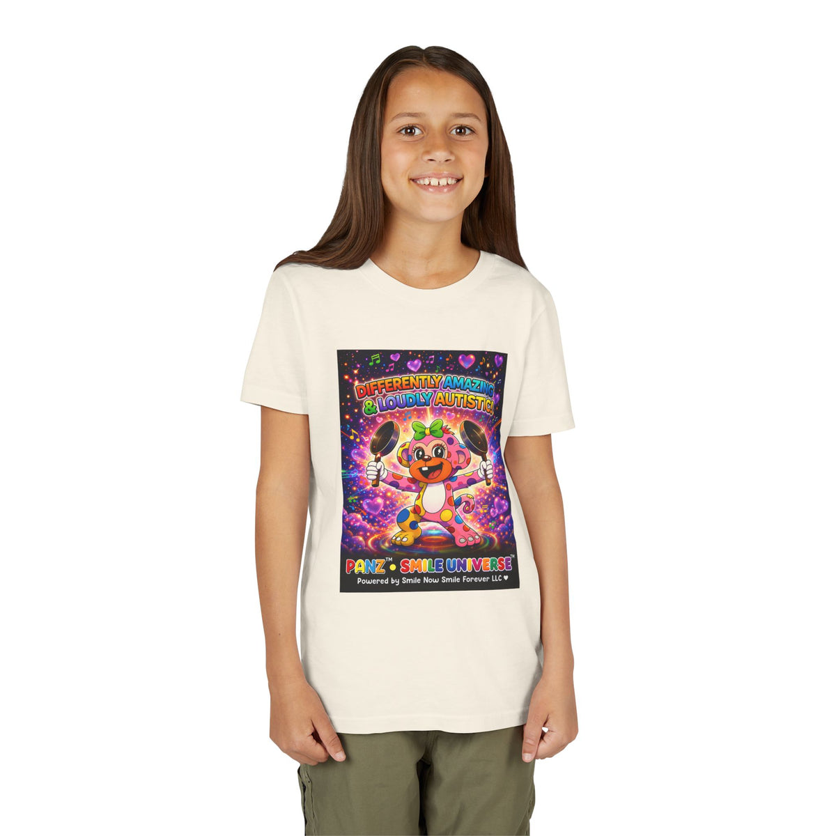 Panz™ Youth Short Sleeve Tee – "Differently Amazing & Loudly Autistic!" Graphic | Smile Universe Collection