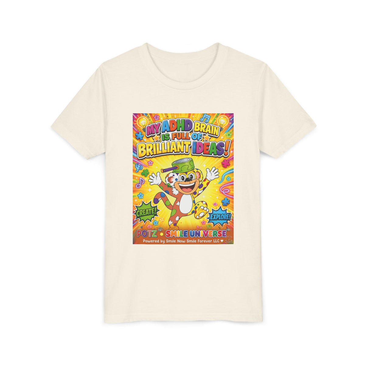 Potz™ Youth Short Sleeve Tee – "My ADHD Brain is Full of Brilliant Ideas!" Graphic Tee | Smile Universe Collection