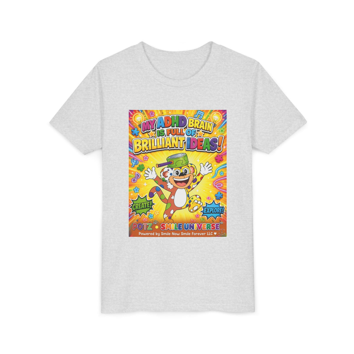 Potz™ Youth Short Sleeve Tee – "My ADHD Brain is Full of Brilliant Ideas!" Graphic Tee | Smile Universe Collection