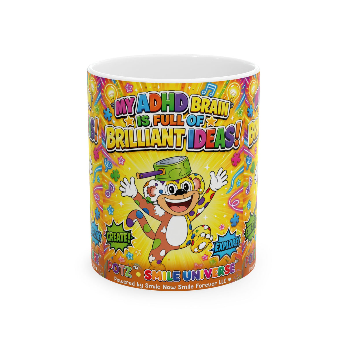 Potz™ Ceramic Mug – "My ADHD Brain is Full of Brilliant Ideas!" Graphic Coffee Mug | Smile Universe Collection