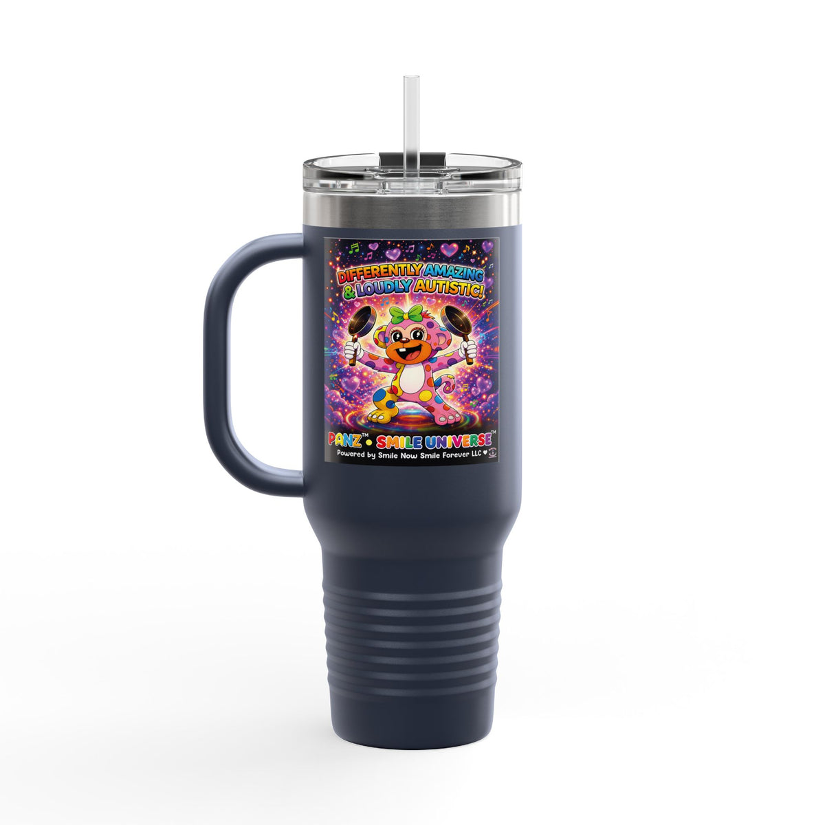 Panz™ 40oz Insulated Travel Mug – "Differently Amazing & Loudly Autistic!" Graphic | Smile Universe Collection