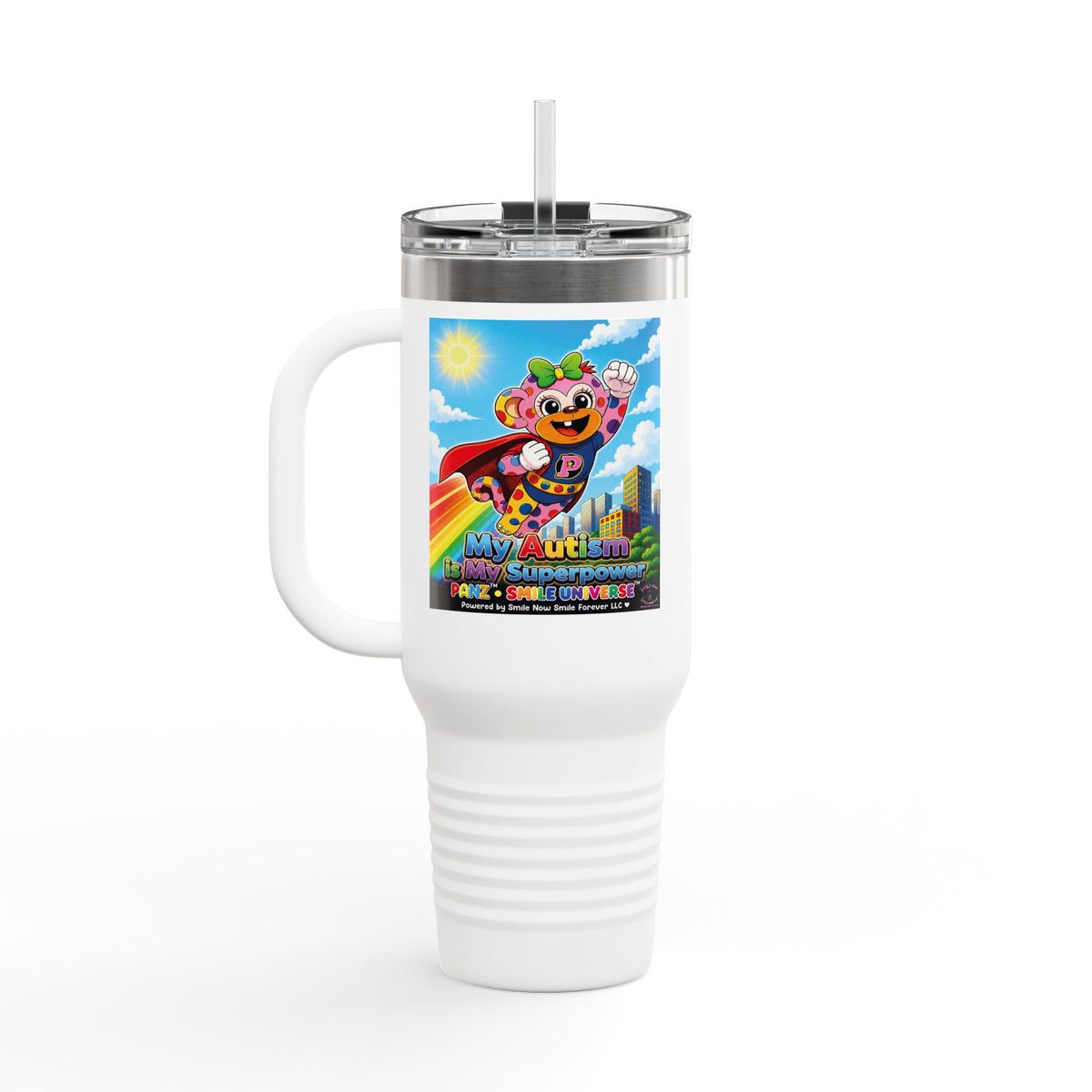 Panz™ 40oz Insulated Travel Mug – "My Autism is My Superpower" Graphic | Smile Universe Collection