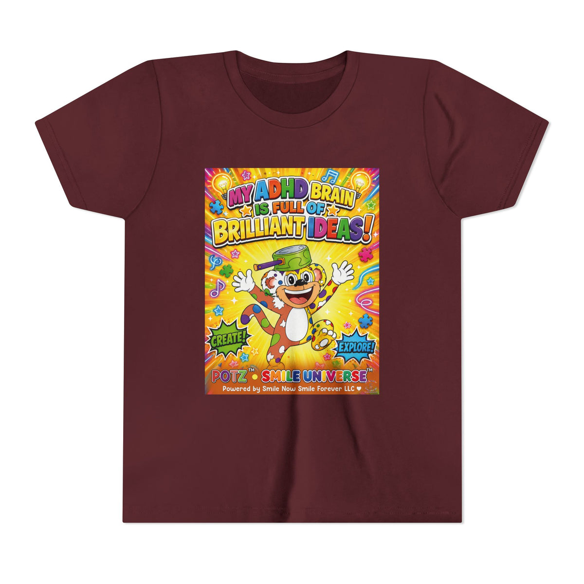 Potz™ Youth Short Sleeve Tee – "My ADHD Brain is Full of Brilliant Ideas!" Graphic Tee | Smile Universe Collection