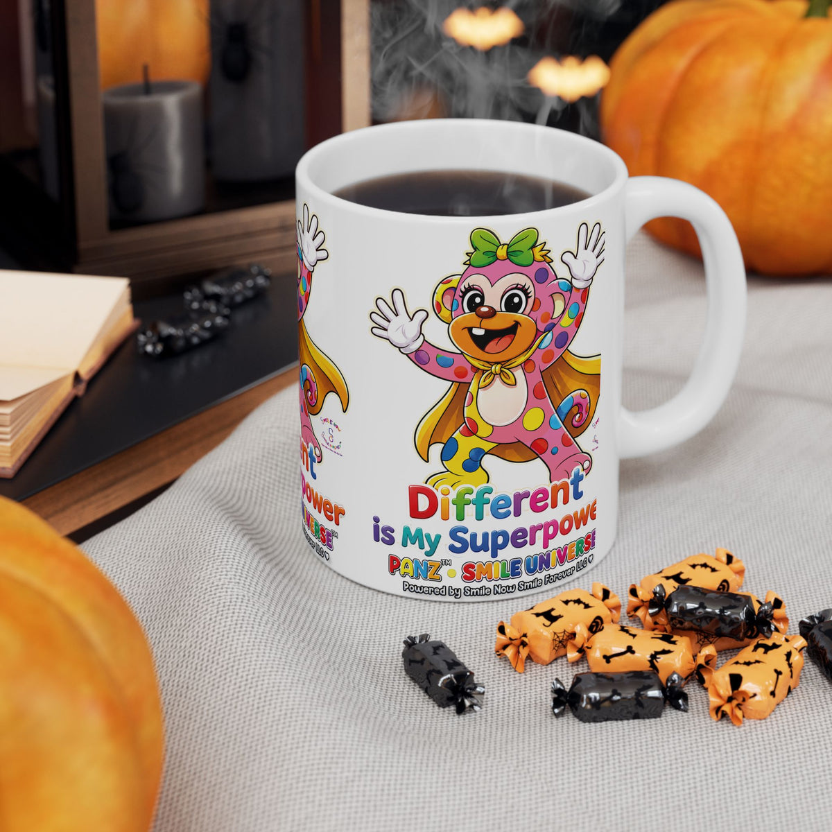 Panz™ Ceramic Mug (11oz & 15oz) – "Different is My Superpower" Graphic | Smile Universe Collection