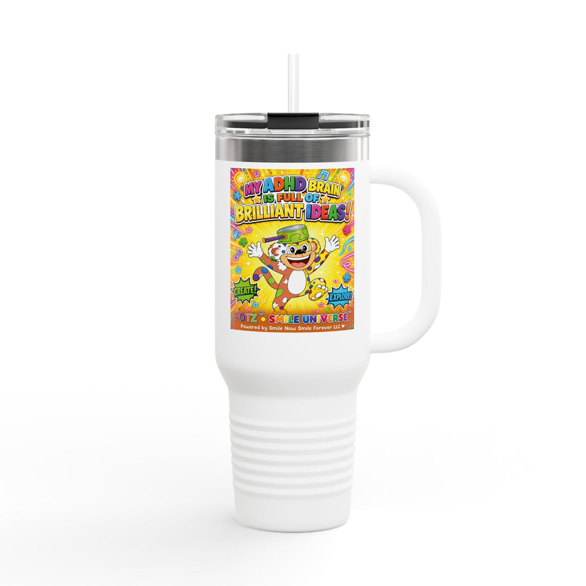 Potz™ Insulated Travel Mug 40oz – "My ADHD Brain is Full of Brilliant Ideas!" Graphic Tumbler | Smile Universe Collection