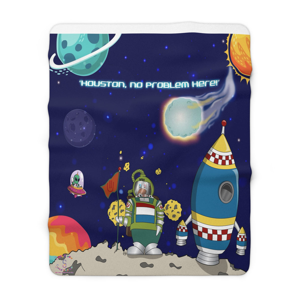 TuBz™ Sherpa Fleece Blanket – "Houston, No Problem Here!" Graphic | Smile Universe Collection
