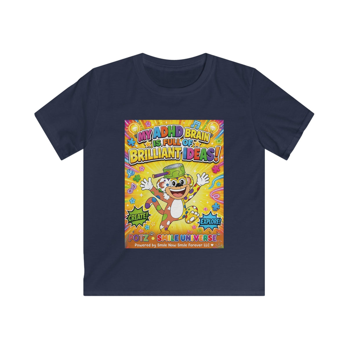 Potz™ Kids Softstyle Tee – "My ADHD Brain is Full of Brilliant Ideas!" Graphic Tee | Smile Universe Collection