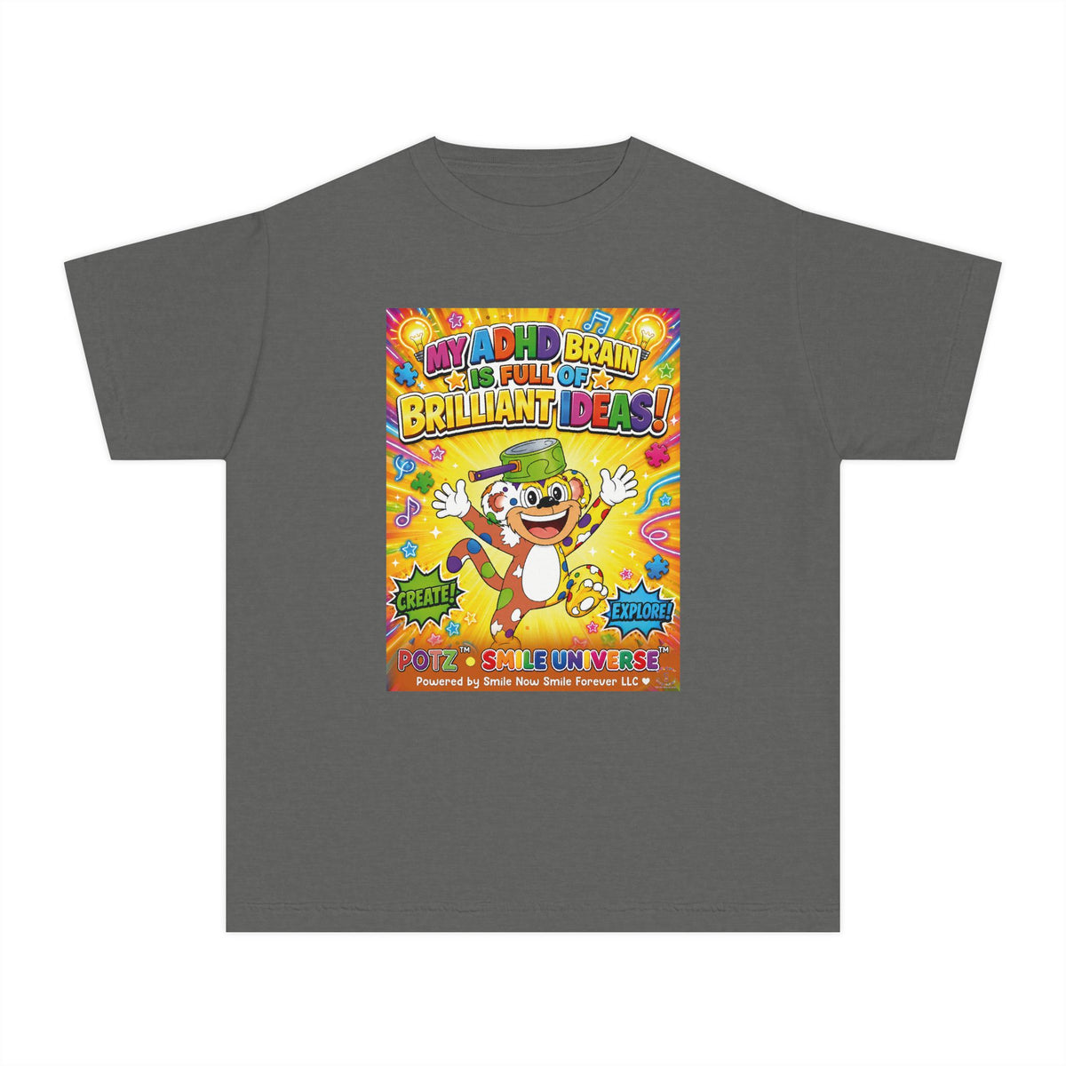 Potz™ Youth Midweight Tee – "My ADHD Brain is Full of Brilliant Ideas!" Graphic Tee | Smile Universe Collection