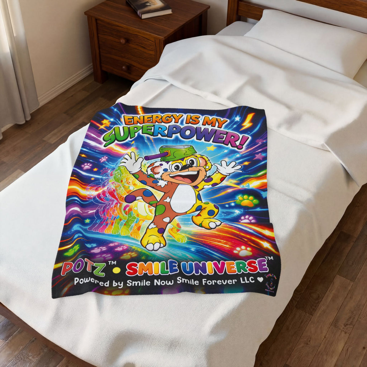 Potz™ Velveteen Plush Blanket – "Energy is My Superpower!" Graphic Throw | Smile Universe Collection